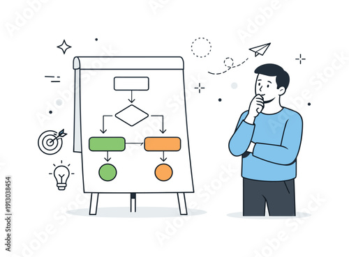    Introverted leadership decision-making. A single character standing near a flowchart or document, thoughtfully reviewing options before