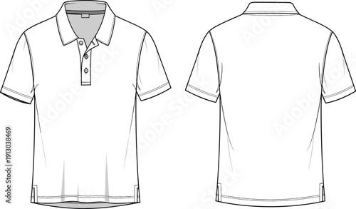 White polo shirt vector template front and back view technical drawing for apparel design mockup clothing fashion illustration isolated silhouette.