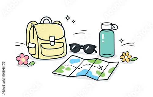 Spring travel accessories. Light editorial scene with a backpack, sunglasses, reusable water bottle, and map laid out neatly. Fresh seasonal