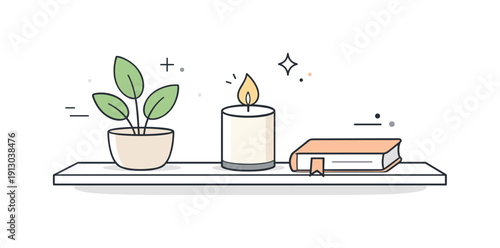 Minimal Shelf Decor. Minimal shelf decor. Clean shelf with a few carefully placed items like a plant, a candle and a book, expressing calm and intentional