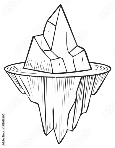 Stylized drawing of a floating iceberg, revealing both the exposed peak and its large hidden mass below water