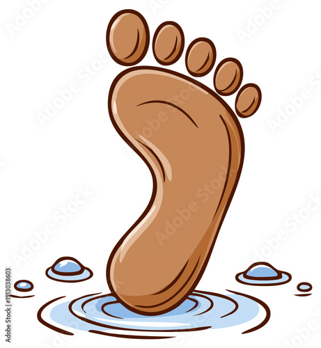 Cartoon Footprint Stepping into Rippling Water with Bubbles