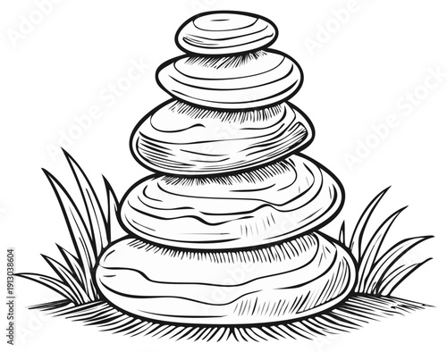 Stacked Zen stones balance illustration with grass for peace and tranquility design