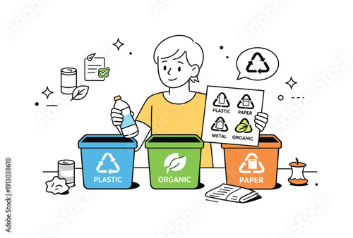 Waste sorting routine. A person reviewing recycling symbols and organizing trash correctly, creating a calm and educational moment.