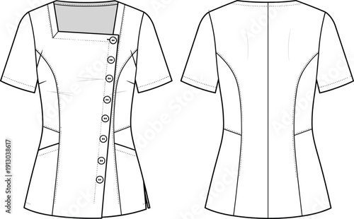 Woman medical scrub tunic technical flat sketch, professional spa uniform top with asymmetrical buttons, healthcare clothing vector template for design.