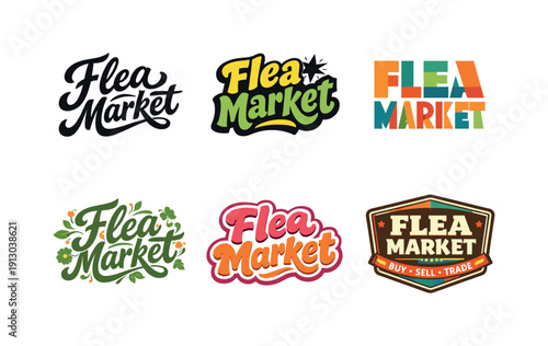    Classic flea market. Set lettering. harmonious lettering variations of the same emblematic concept, each with different artistic