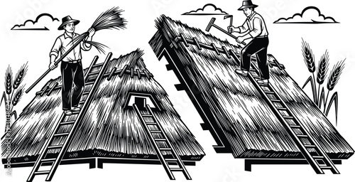 Traditional farmers repairing thatched roof house vector illustration, rural agricultural workers with ladders and hay, vintage woodcut style village scene.