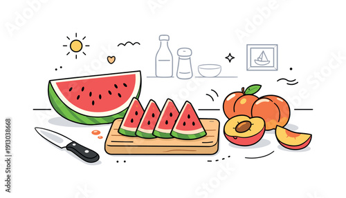 Summer Fruit Prep. Summer fruits on the kitchen counter