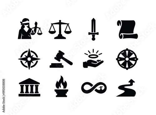    Justice and Fate Symbols. Solid icon set of justice and fate symbols: blindfolded justice, balanced scale, sword of justice, open scroll,