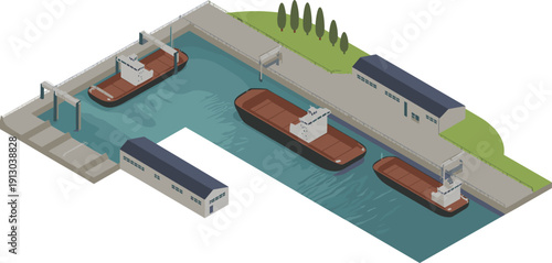 Isometric river cargo port with warehouse loading docks, barges, canal freight transport, industrial shipping logistics illustration design