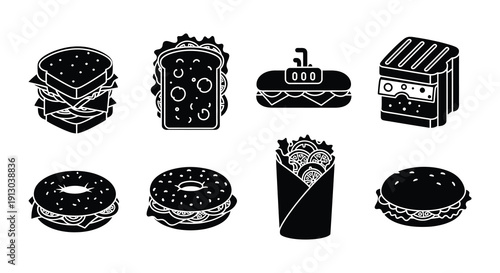 Collection of black silhouette icons depicting various sandwiches and fast food
