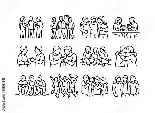 Friends everyday life. Line icon set of Friends everyday life: group of friends chatting, walking city friends, laughing together pose,