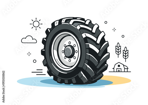 Tractor wheel. Close-up view of a large tractor wheel with deep tread, standing on clean abstract ground. Solid, reliable mood highlighting