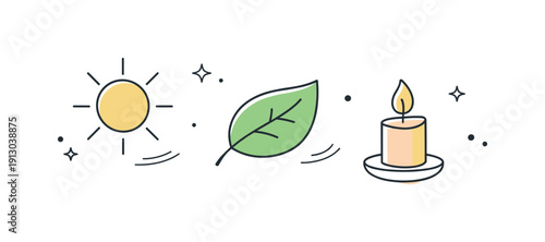 Spring equinox altar minimalism. Abstract symbolic illustration with sun, leaf, and candle icons floating gently. Calm modern