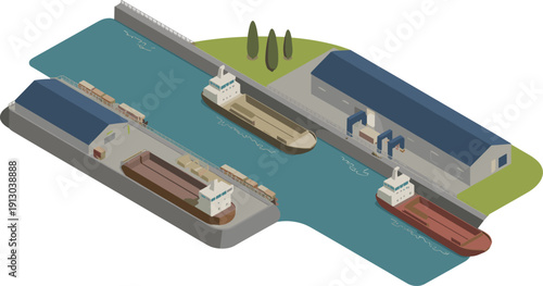 Isometric river cargo port with warehouse loading docks, barges, canal freight transport, industrial shipping logistics illustration design