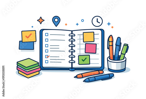 Setting up a planner with colorful pens and sticky notes symbolized by a tidy workspace where notes form a clear roadmap for the week ahead.