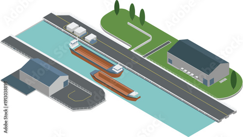 Isometric river cargo shipping terminal with barges, canal transport infrastructure, logistics warehouse, industrial port transportation illustration design