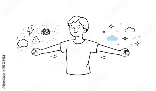 Letting go of tension. A person stretches arms lightly while abstract stress symbols fade away. Simple visual metaphor for releasing pressure