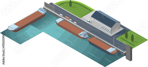 Isometric river cargo shipping terminal with barges, canal transport infrastructure, logistics warehouse, industrial port transportation illustration design