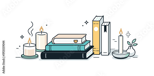 Minimal coffee table setup. A simple editorial composition with books arranged neatly and candles adding soft visual accents. The