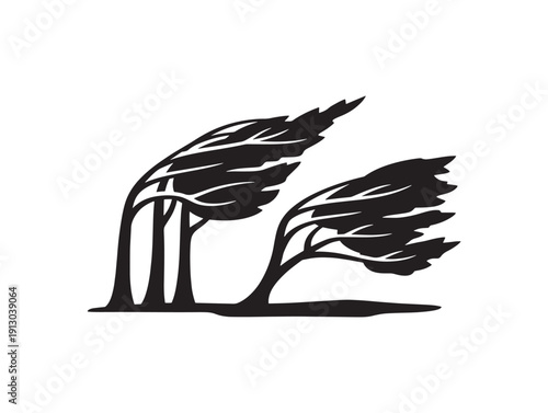 Windy tree shadows silhouette with dynamic and graceful movement line art