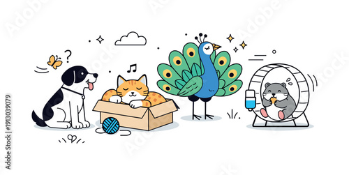 Animal personalities and quirks. A calm observational scene showing animals acting in slightly humorous, relatable ways, like a distracted