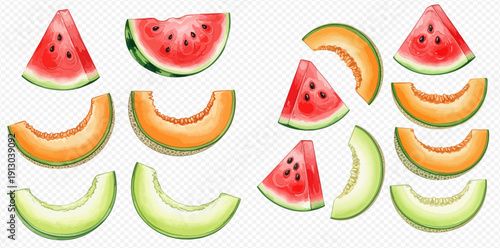 Watercolor illustration set of fresh watermelon, cantaloupe, and honeydew melon slices, perfect for summer designs.