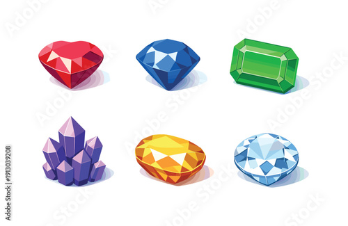    Gemstones display. Isometric flat vector icons set of gemstones display: polished ruby gem, faceted sapphire stone, emerald cut gem, amethyst