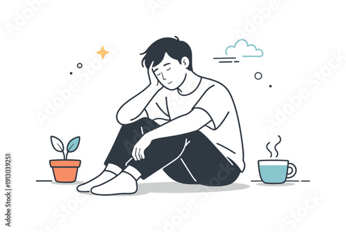 Dealing with emotional burnout. A person resting or sitting with a thoughtful posture, allowing space for recovery. Soft lines and minimal
