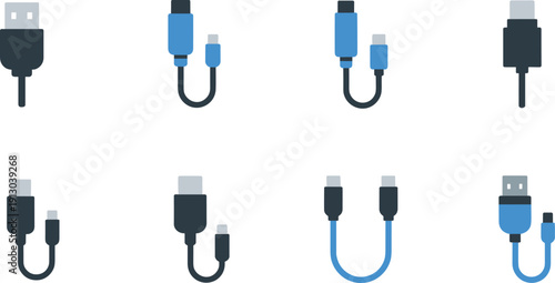 Minimalist USB cable icon set, charging connector collection, USB Type C adapters, flat technology accessory vector illustration bundle