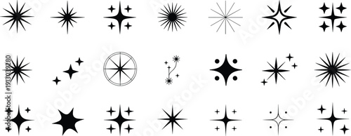 Set of black starburst icons, minimalist sparkle symbols, geometric compass stars, decorative celestial vector design elements collection