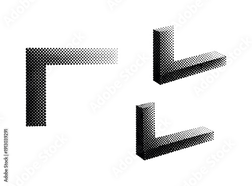 Halftone dotted square corner, a single sharp square corner element shown in front view, angled view, and three-quarter corner perspective