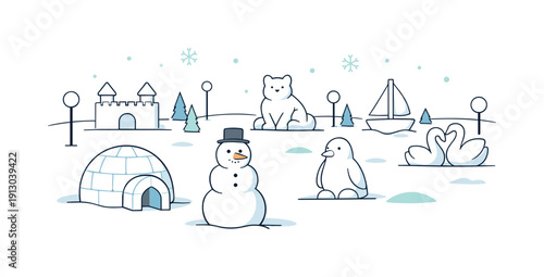 Snow festival sculpture park. Multiple sculpted snow figures placed evenly across an open space, no detailed characters. Order, openness, and