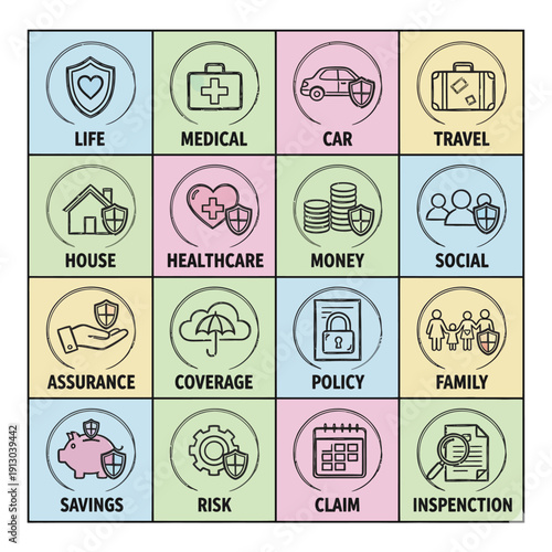 A grid of icons representing various insurance concepts and services, including life, health, and travel, displayed in a colorful and organized manner from a top-down viewpoint.
