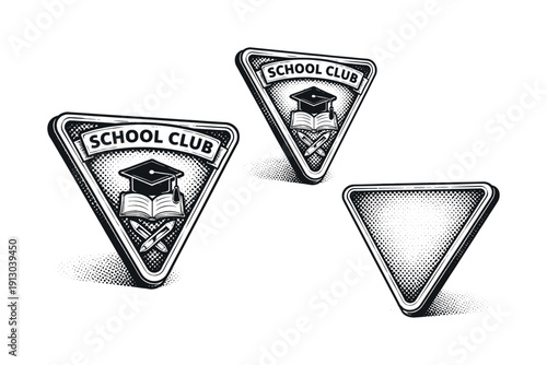   School club emblem triangular badge with inner graphic mark shown as a single object in front view, angled three-quarter perspective, and