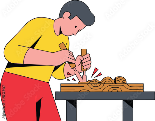 Craftsman is meticulously carving intricate details into a piece of wood using two sharp chisels on a dark workbench.