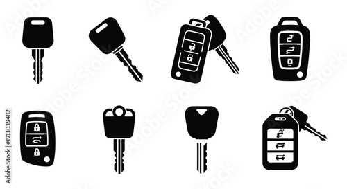 Collection of various car keys and remote controls in black silhouette