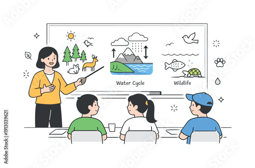 Climate and ecology education. Editorial classroom-style scene with a teacher explaining ecological systems using simple diagrams of forests,