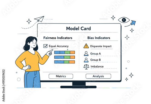   Explaining fairness indicators. A person pointing to fairness and bias indicators on a large screen model card layout, abstract stars and