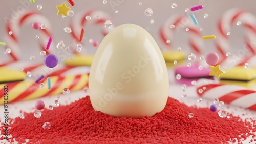 Whimsical white chocolate Easter egg on red sugar with candy canes and sprinkles for celebration