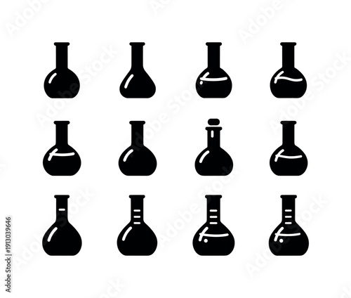    Volumetric Flasks. Solid icon set of Volumetric Flasks: standard flask, narrow neck flask, labeled flask, meniscus line, filled flask, empty