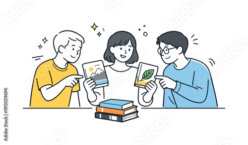 Choosing the next book. People browsing a small stack of books, pointing and comparing covers, relaxed decision-making mood. Calm teamwork