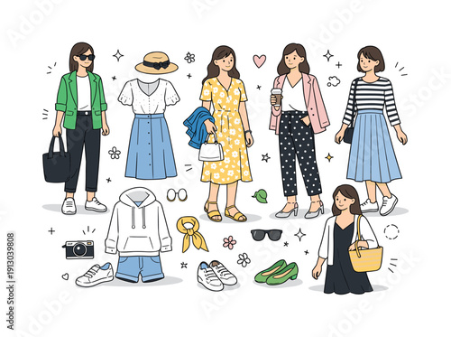 Spring fashion collection. Multiple outfits displayed together, showing variety in modern spring clothing. Clean editorial composition