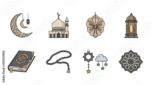 Flat lay of various Islamic icons and symbols on a white background, including a mosque, crescent moon, prayer beads, and Quran.