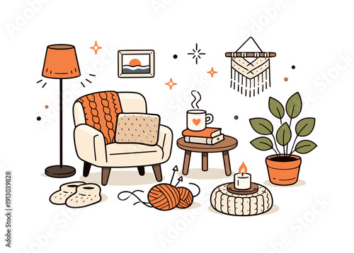Cozy hygge interior. Simple home objects like armchair, lamp, plants, and knitted textures arranged in a warm, balanced composition. Friendly