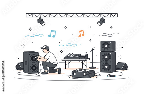 Sound Check Ready. Spring festival sound check moments. Early setup scene with a sound engineer adjusting speakers and cables on an outdoor stage, calm