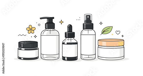   Natural cosmetic packaging mockup. A set of minimal jars and bottles with blank labels, arranged symmetrically. Sustainable beauty branding