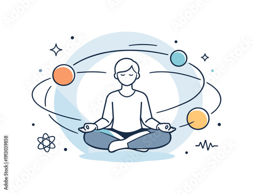 Spirituality and quantum physics. Person sitting in lotus pose inside a soft abstract circle, with quantum particles orbiting like a calm