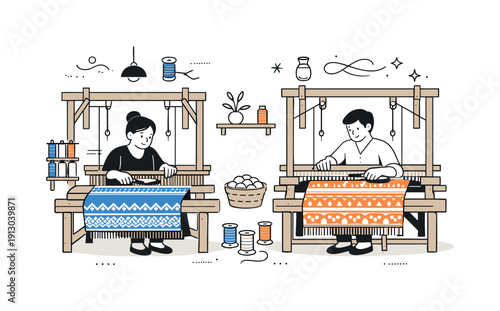 Traditional silk weaving in small workshops. Artisans working at wooden looms, carefully guiding silk threads in a calm handmade environment.