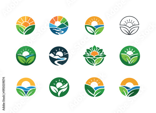 Nature. Icon set. Set Logo of nature: abstract natural elements circle. harmonious logo variations of the same emblematic concept, each with